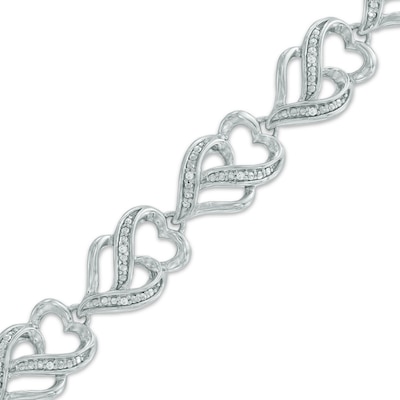 0.09 CT. T.W. Diamond Double Heart Link Bracelet in Sterling Silver - 7.5"