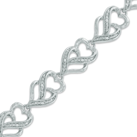 0.09 CT. T.W. Diamond Double Heart Link Bracelet in Sterling Silver - 7.5"