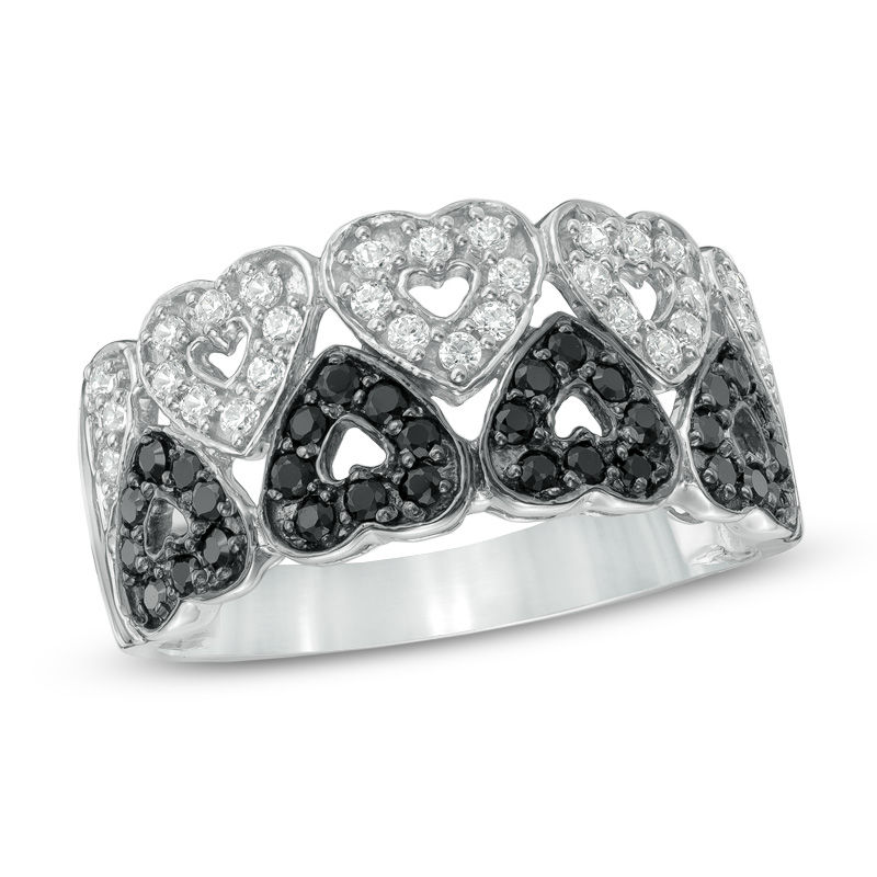 0.45 CT. T.W. Enhanced Black and White Diamond Mirrored Hearts Double Row Ring in Sterling Silver|Peoples Jewellers