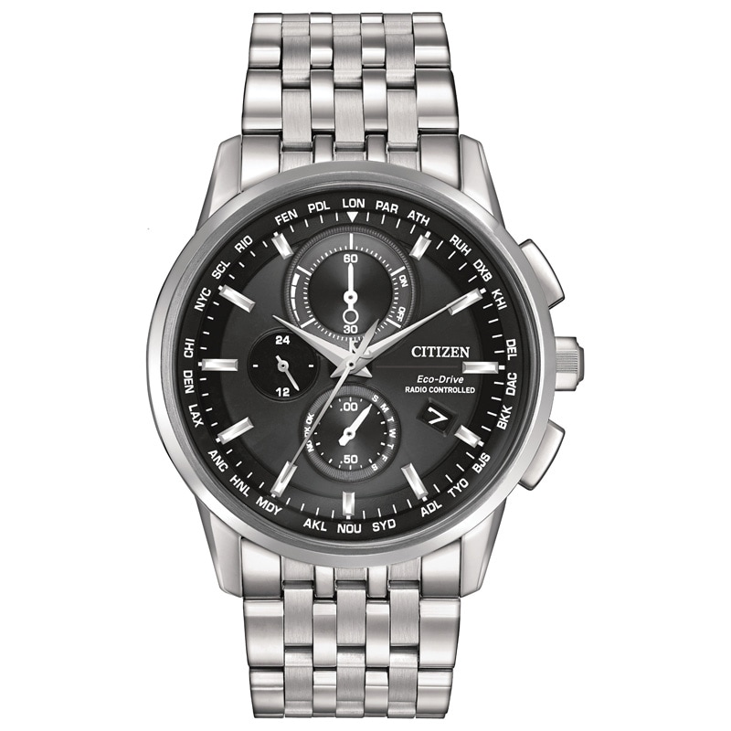 Men's Citizen Eco-Drive® World Chronograph A-T Watch with Black Dial (Model: AT8110-53E)|Peoples Jewellers