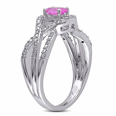 Oval Lab-Created Pink Sapphire and 0.15 CT. T.W. Diamond Split-Shank Ring in Sterling Silver