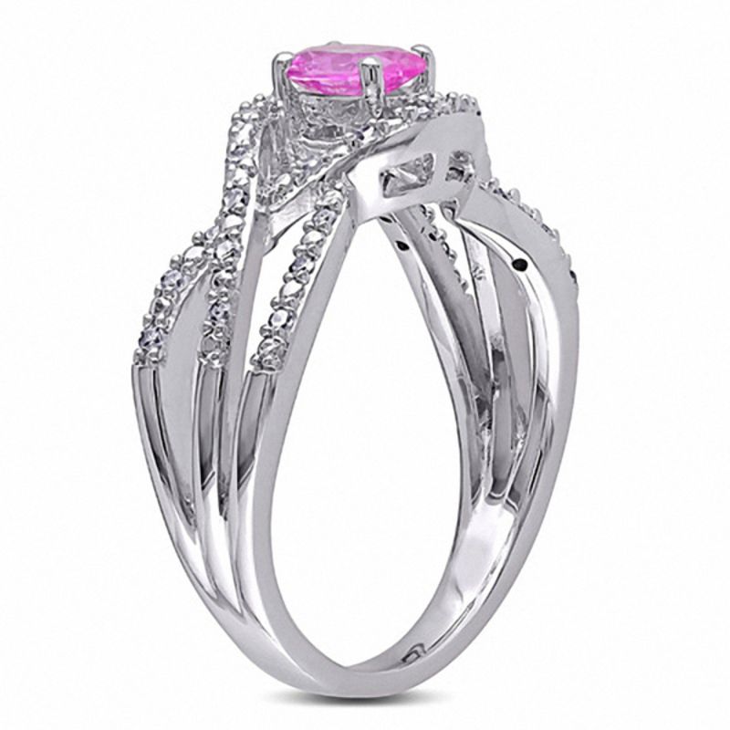 Oval Lab-Created Pink Sapphire and 0.15 CT. T.W. Diamond Split-Shank Ring in Sterling Silver|Peoples Jewellers