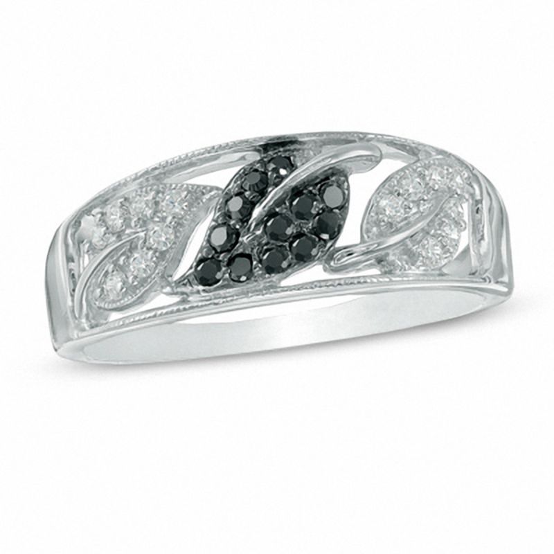 0.18 CT. T.W. Enhanced Black and White Diamond Leaf Trio Ring in Sterling Silver|Peoples Jewellers