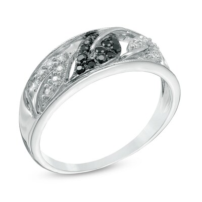 0.18 CT. T.W. Enhanced Black and White Diamond Leaf Trio Ring in Sterling Silver