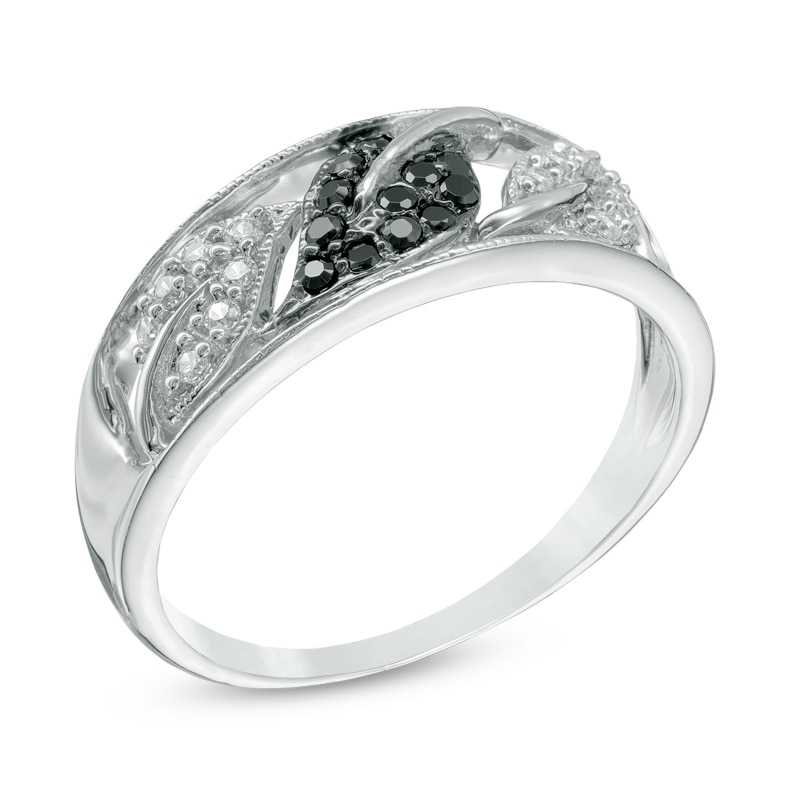 0.18 CT. T.W. Enhanced Black and White Diamond Leaf Trio Ring in Sterling Silver|Peoples Jewellers