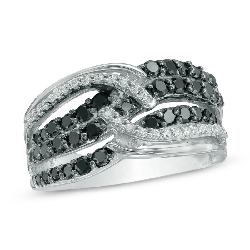 0.95 CT. T.W. Enhanced Black and White Diamond Multi-Row Wave Ring in Sterling Silver|Peoples Jewellers