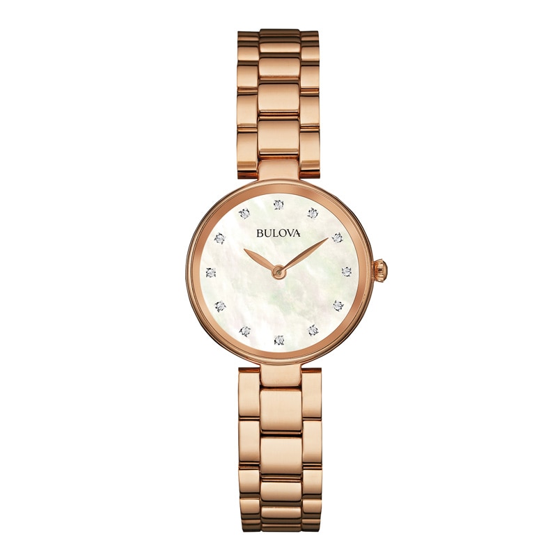 Ladies' Bulova Diamond Accent Rose-Tone Watch with Mother-of-Pearl Dial (Model: 97P111)
