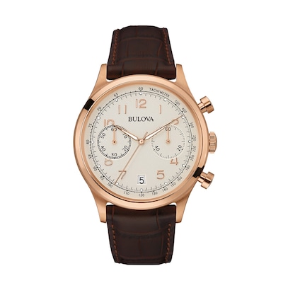 Men's Bulova Chronograph Rose-Tone Strap Watch with Silver-Tone Dial (Model: 97B148)