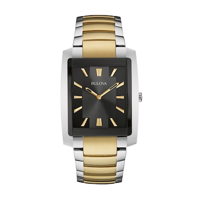 Men's Bulova Two-Tone Watch with Rectangular Black Dial (Model: 98A149)