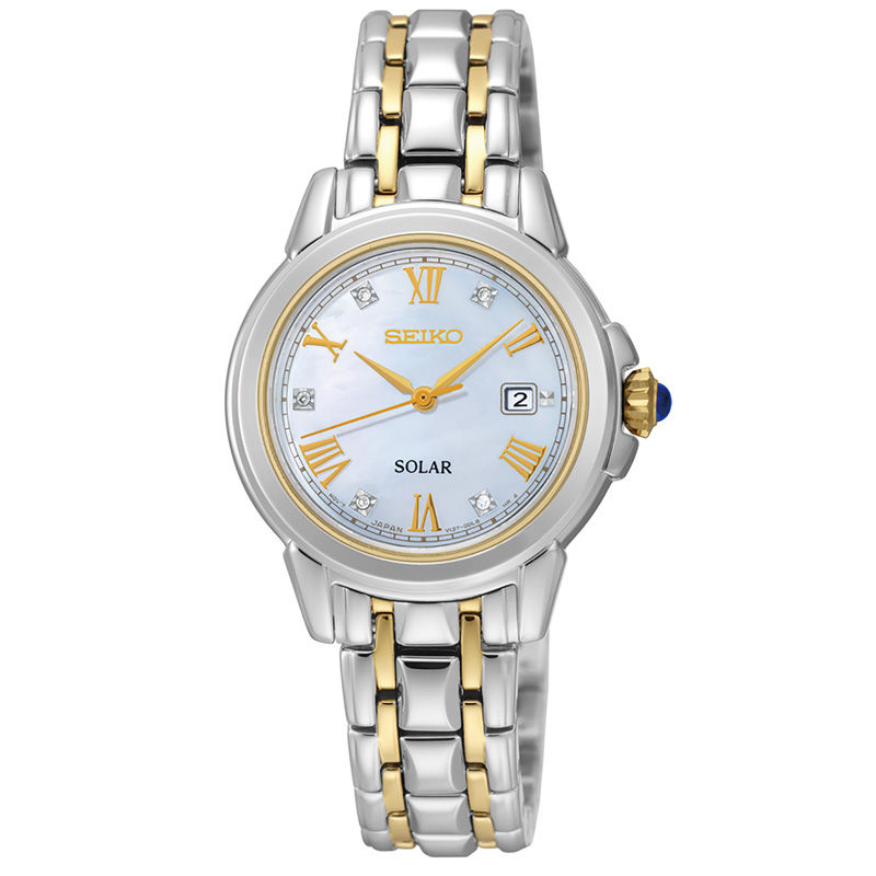 Seiko women's solar watch with mother of pearl dial and swarovski crystal shop accents