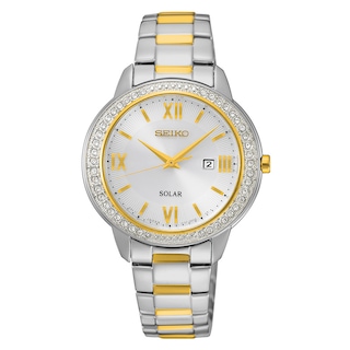 Ladies' Seiko Solar Crystal Accent Two-Tone Watch with Silver Dial (Model: SUT246)