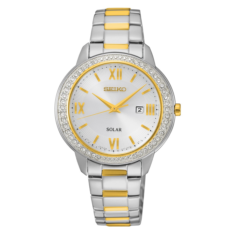 Ladies' Seiko Solar Crystal Accent Two-Tone Watch with Silver Dial (Model: SUT246)|Peoples Jewellers