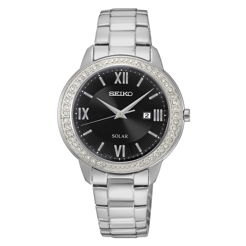 Ladies Seiko Solar Crystal Accent Watch with Black Dial Model SUT245 Peoples Jewellers