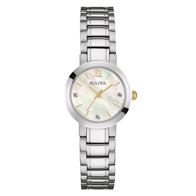 Ladies' Bulova Diamond Accent Two-Tone Watch with Mother-of-Pearl Dial (Model: 98P153)
