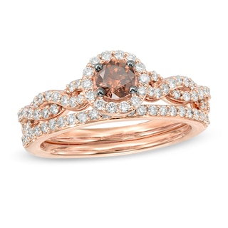 1.00 CT. T.W. Champagne and White Diamond Frame Twist Shank Bridal Set in 14K Rose Gold