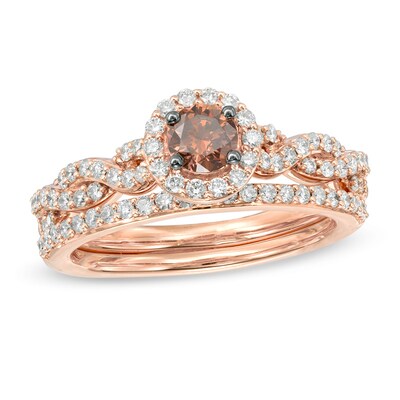 1.00 CT. T.W. Champagne and White Diamond Frame Twist Shank Bridal Set in 14K Rose Gold