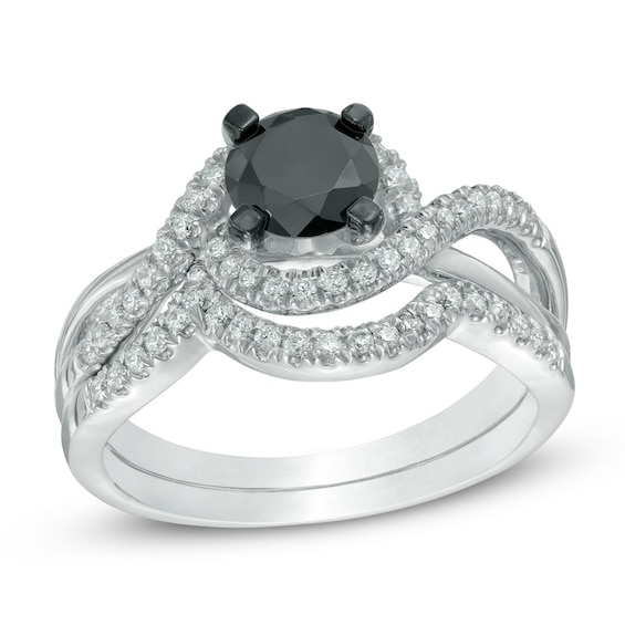 1.20 CT. T.W. Enhanced Black and White Diamond Swirl Bridal Set in 10K White Gold