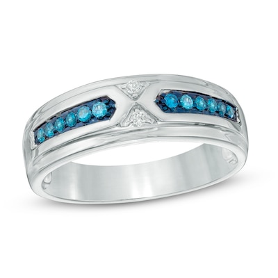 Men's 0.15 CT. T.W. Enhanced Blue and White Diamond Wedding Band in 10K White Gold