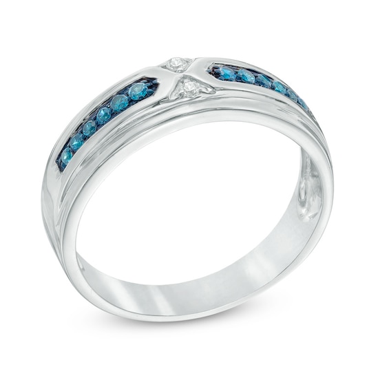 Men's 0.15 CT. T.W. Enhanced Blue and White Diamond Wedding Band in 10K White Gold