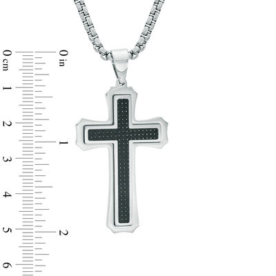 Men's Gothic-Style Cross Pendant with Black Carbon Fibre in Stainless Steel - 24"