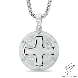 Men's Satin Lord's Prayer Medallion Pendant in Stainless Steel - 24"