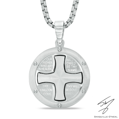 Men's Satin Lord's Prayer Medallion Pendant in Stainless Steel - 24"