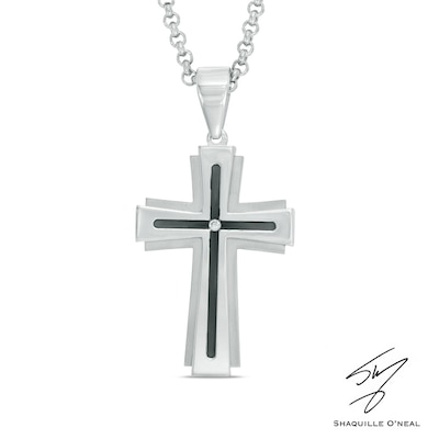 Men's Diamond Accent Groove Cross Pendant in Two-Tone Stainless Steel - 24"