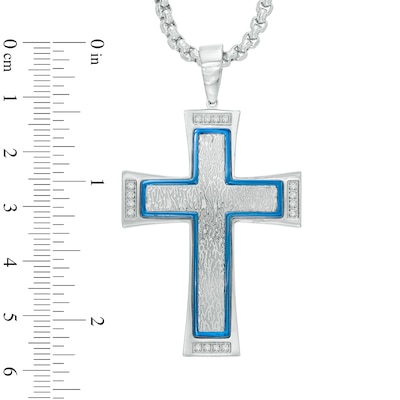 Men's 0.12 CT. T.W. Diamond Cross Pendant in Stainless Steel and Blue IP - 24"