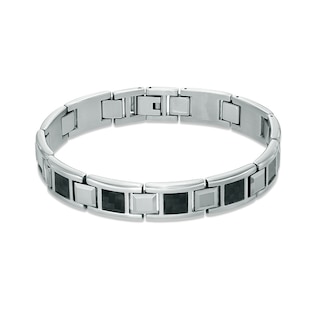 Men's Square Link Bracelet in Stainless Steel and Tungsten with Black Carbon Fiber - 8.5"