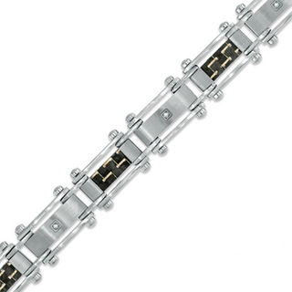 Men's Diamond Accent and Carbon Fibre Link Bracelet in Stainless Steel - 8.5"