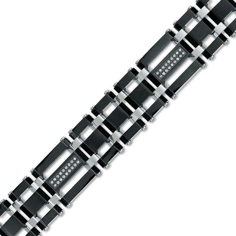 Main Image 1 of Men's 0.28 CT. T.W. Diamond Triple Row Link Bracelet in Stainless Steel and Black IP - 8.75&quot;