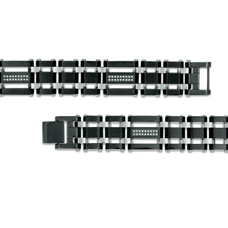 Main Image 2 of Men's 0.28 CT. T.W. Diamond Triple Row Link Bracelet in Stainless Steel and Black IP - 8.75&quot;