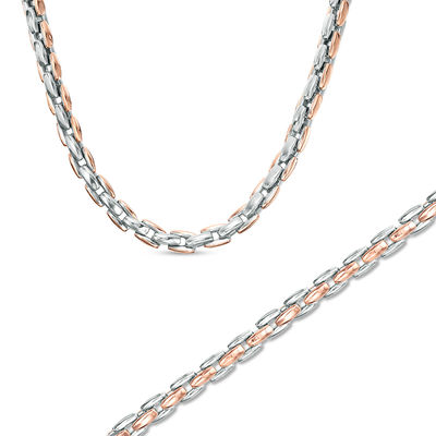 Men's Square Link Necklace and Bracelet Set in Stainless Steel and Rose IP - 24"