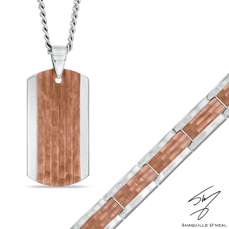 Men's Hammered Dog Tag Pendant and Bracelet Set in Stainless Steel with Brown IP - 24"