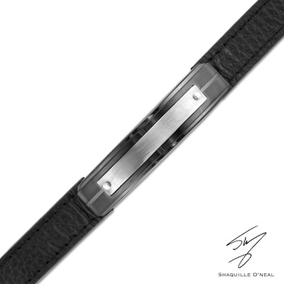 Men's Leather ID Bracelet in Stainless Steel and Black IP - 8.5"