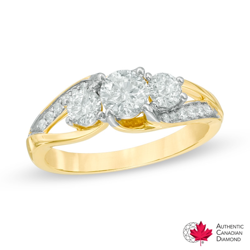 1.00 CT. T.W. Certified Canadian Diamond Three Stone Split Shank Engagement Ring in 14K Gold (I/I2)|Peoples Jewellers