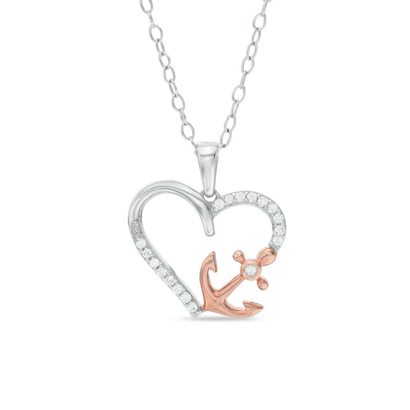 0.10 CT. T.W. Diamond Heart with Side Anchor Pendant in Sterling Silver and 14K Rose Gold Plate|Peoples Jewellers