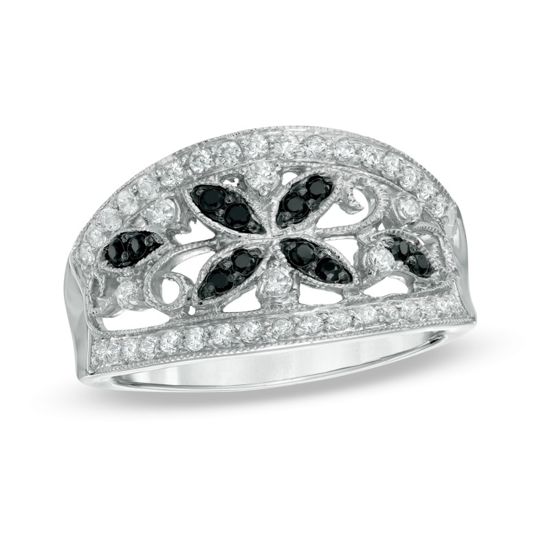 0.36 CT. T.W. Enhanced Black and White Diamond Vintage-Style Flower Ring in Sterling Silver|Peoples Jewellers
