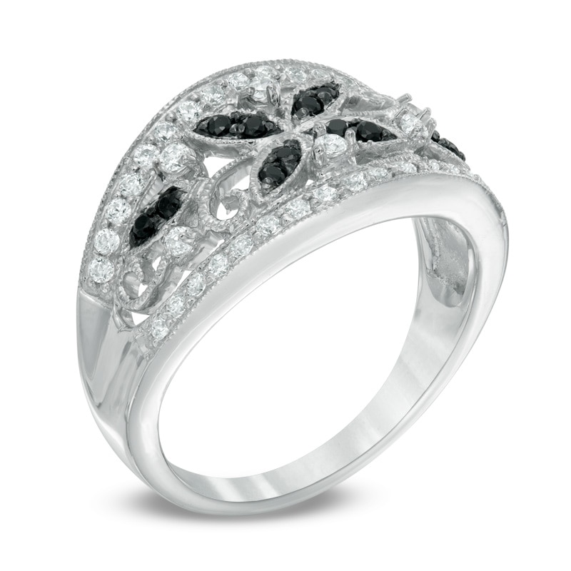 0.36 CT. T.W. Enhanced Black and White Diamond Vintage-Style Flower Ring in Sterling Silver