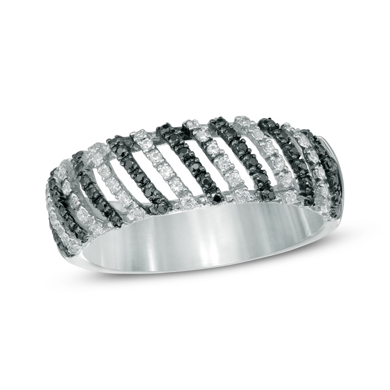 0.33 CT. T.W. Enhanced Black and White Diamond Striped Dome Ring in Sterling Silver|Peoples Jewellers