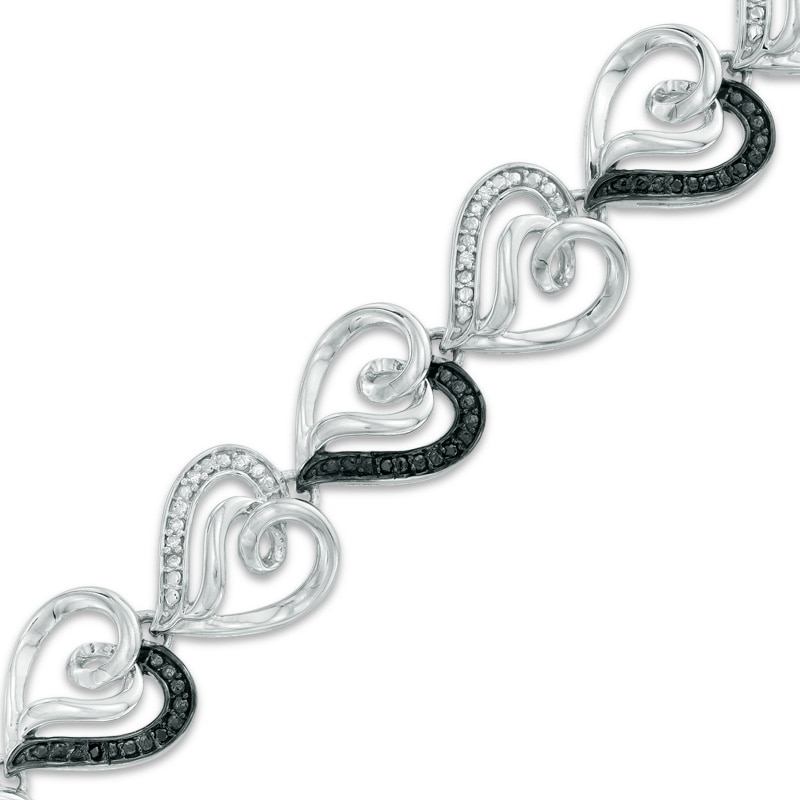 0.09 CT. T.W. Enhanced Black and White Diamond Curlique Heart Link Bracelet in Sterling Silver - 7.5"|Peoples Jewellers