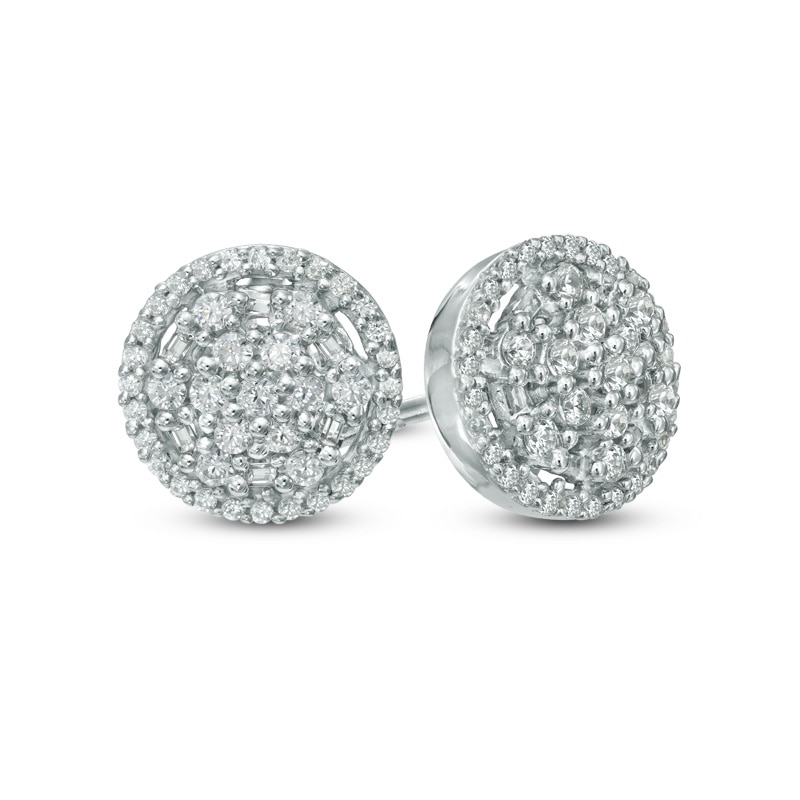 0.45 CT. T.W. Baguette and Round Multi-Diamond Frame Stud Earrings in 10K White Gold|Peoples Jewellers