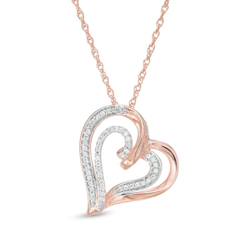 0.15 CT. T.W. Diamond Tilted Ribbon Heart Pendant in 10K Rose Gold|Peoples Jewellers