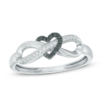 0.06 CT. T.W. Black and White Diamond Infinity Heart Wrapped Ring in 10K White Gold