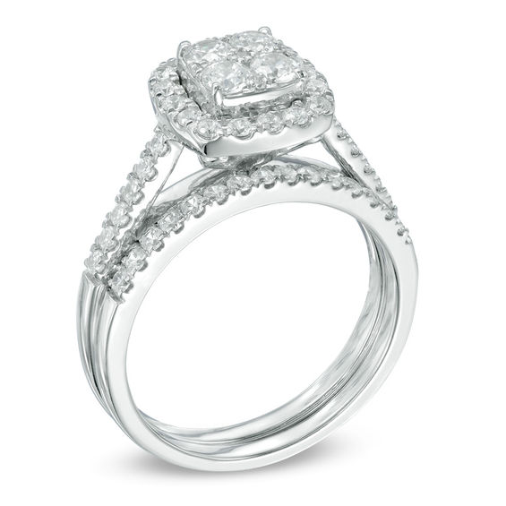 1.00 CT. T.W. Composite Diamond Cushion Frame Bridal Set in 14K White Gold