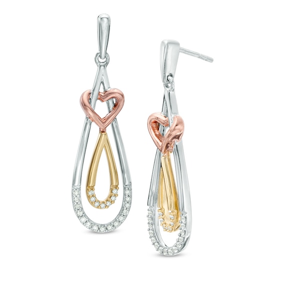 0.18 CT. T.W. Diamond Double Teardrop with Heart Earrings in 10K Tri-Tone Gold