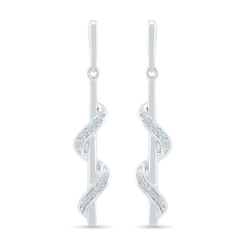 0.09 CT. T.W. Diamond Ribbon Overlay Stick Drop Earrings in Sterling Silver|Peoples Jewellers