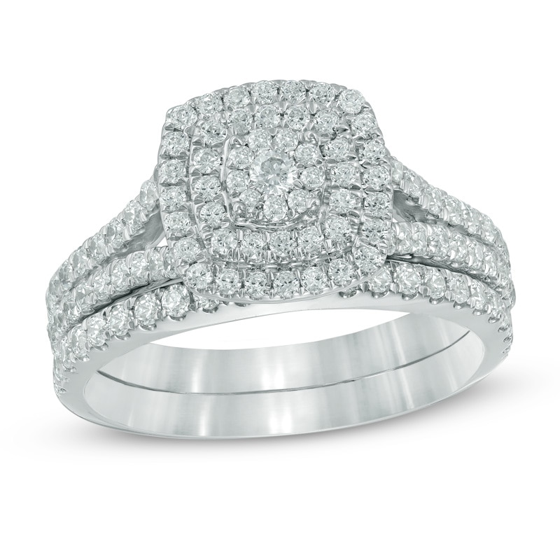 1.00 CT. T.W. Multi-Diamond Double Square Frame Bridal Set in 10K White Gold|Peoples Jewellers