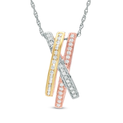 0.30 CT. T.W. Diamond Criss-Cross Bar Pendant in 10K Tri-Tone Gold