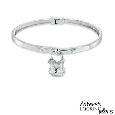 Forever Locking Love™ Diamond Accent Padlock Charm Hinged Bangle in Sterling Silver